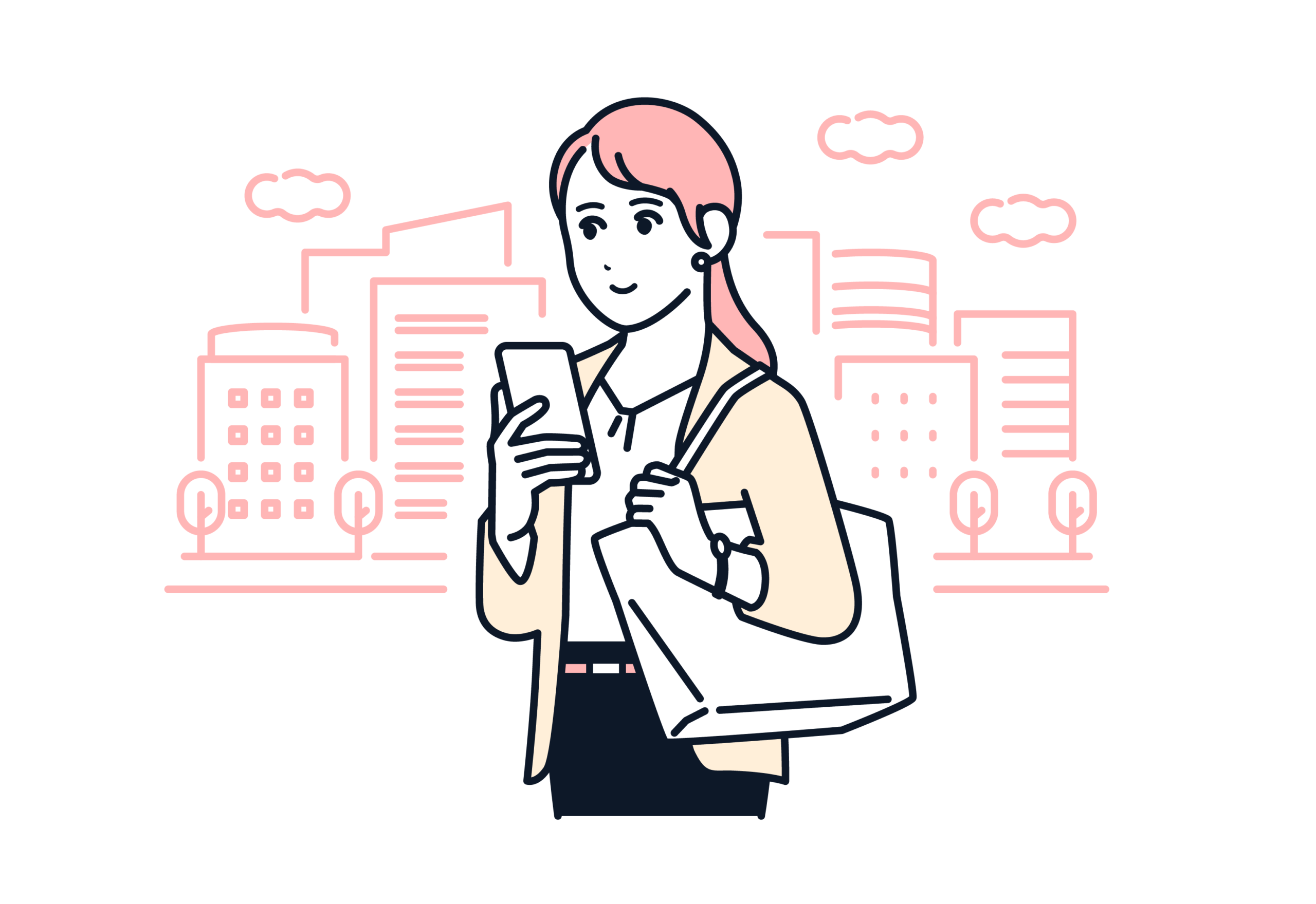 スマホを見ながら帰宅する女性のイラスト