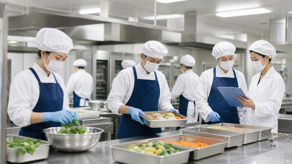 大量調理の厨房で調理師と栄養士が準備をしている様子