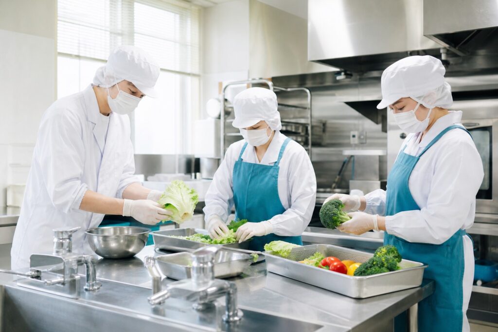 清潔な給食厨房で調理をする調理師のチーム