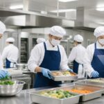 大量調理の厨房で調理師と栄養士が準備をしている様子