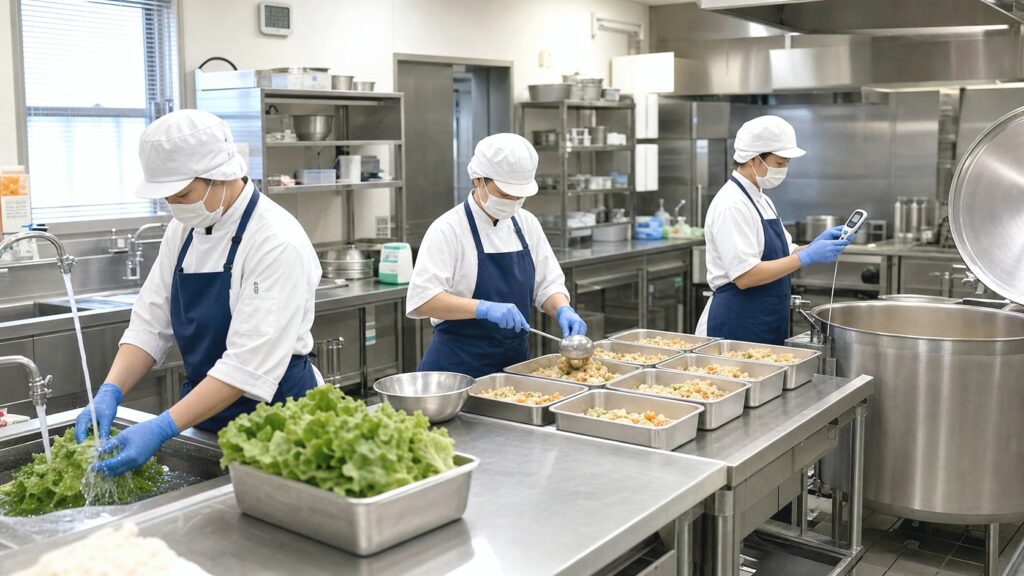 大量調理の厨房と飲食店調理の違いをイメージした調理現場