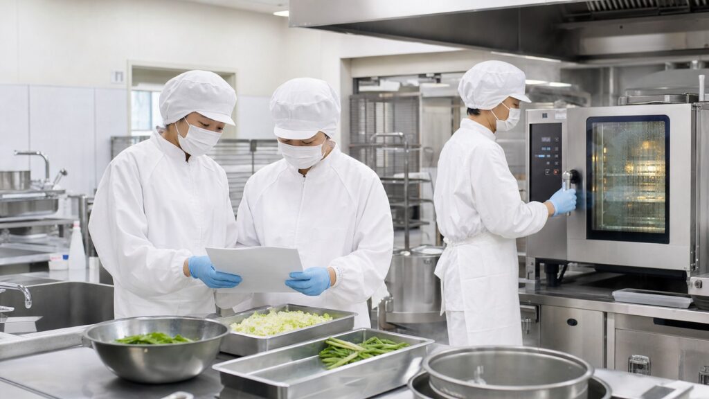 病院の厨房で朝食の準備を進める調理スタッフ