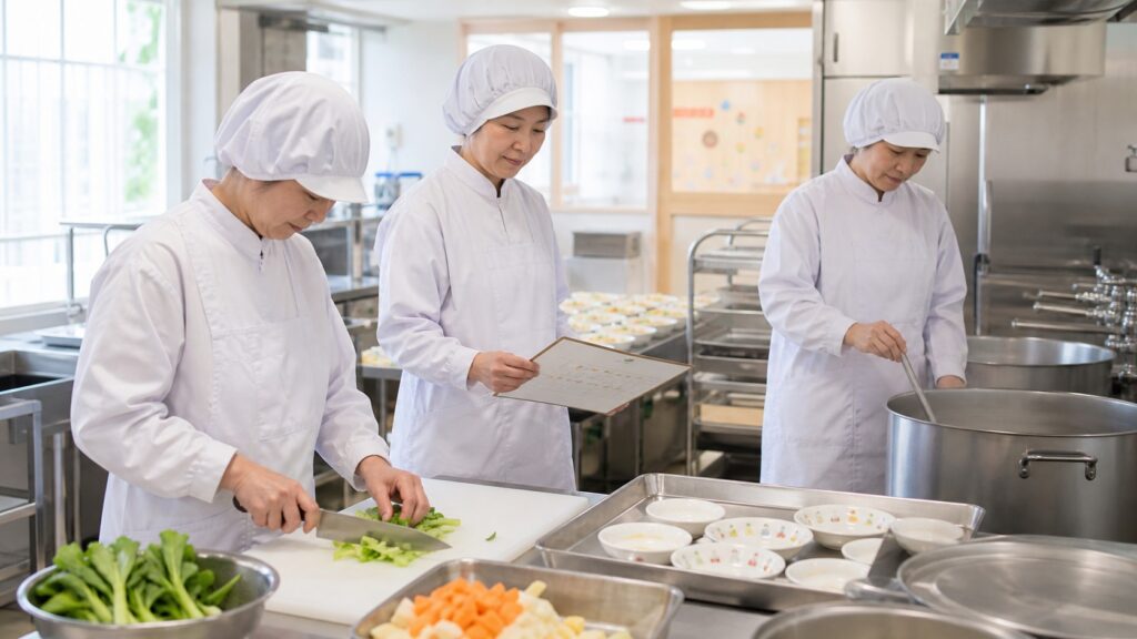 保育園の清潔な厨房で昼食を準備する調理スタッフ