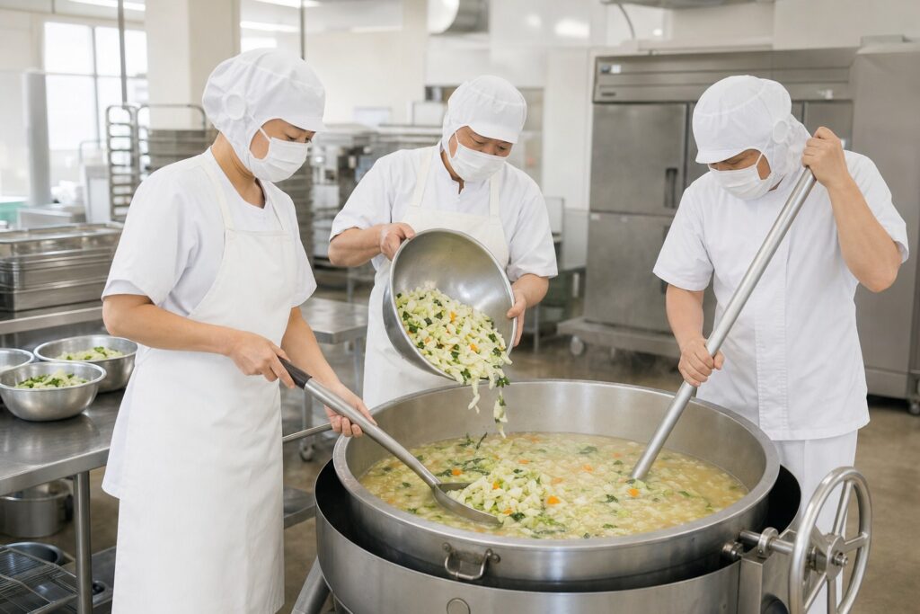 学校給食の清潔な調理場で大釜を使って調理するスタッフ