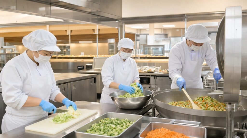 社員食堂の清潔な厨房で昼食を準備する調理スタッフ