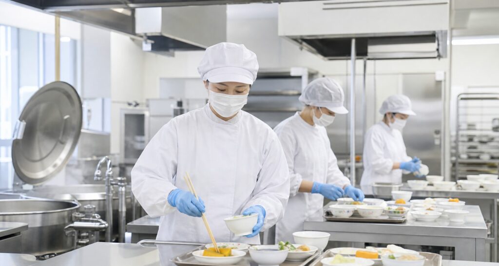 病院の厨房で患者さんの食事を準備する調理スタッフ
