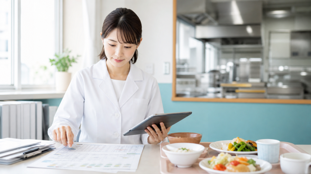 病院と介護施設の食事計画を確認する管理栄養士